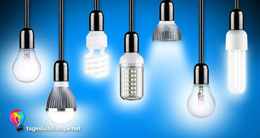 Verscheidene LED Tageslichtlampen hängen nebeneinander. Unterschiede zwischen LED Tageslicht Leuchtmitteln